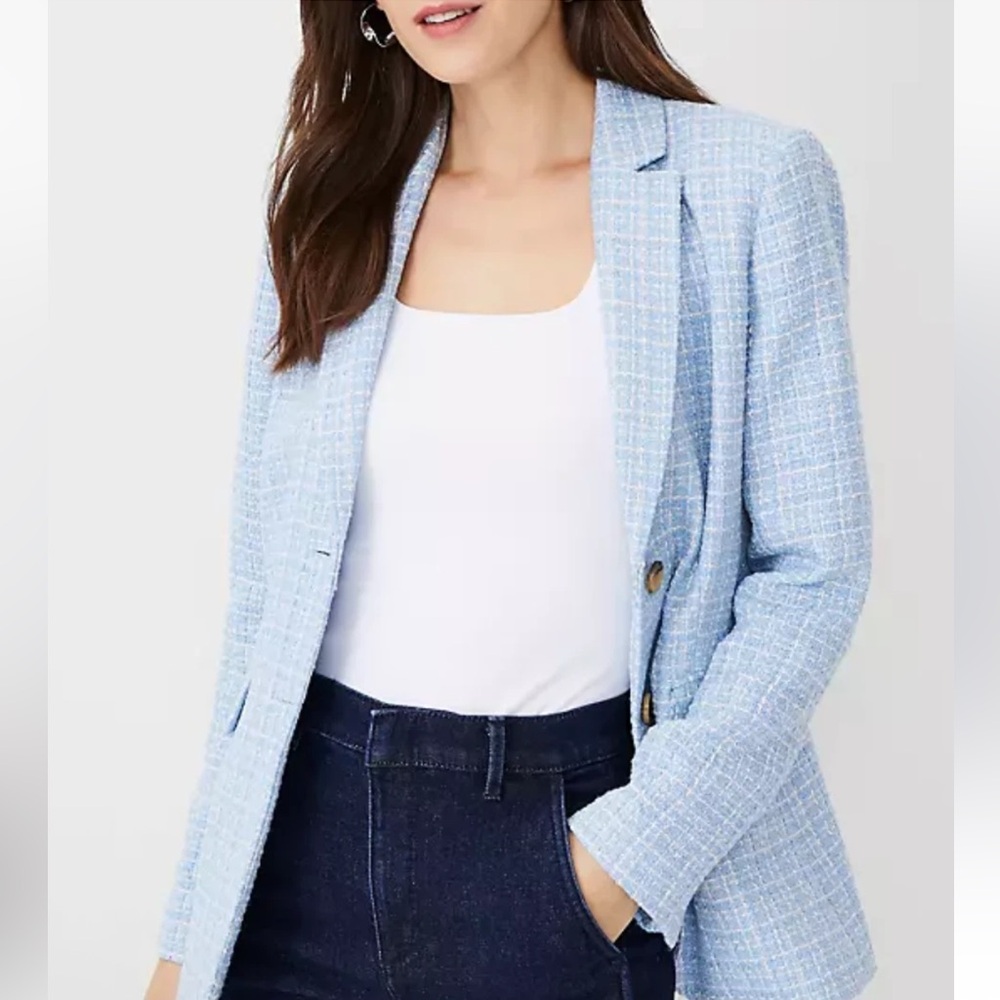 ANN TAYLOR BLUE WHITE TWEED THE GREENWICH BLAZER JACKET size 12 - Picture 2 of 7